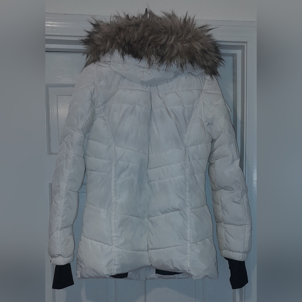 Madden Girl Hooded White Puffer Coat Jacket Parka Faux Fur Trim Hood Sz M Medium - Picture 15 of 16